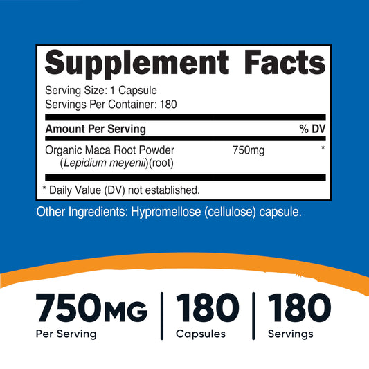Close-up of 750mg Maca Root per capsule