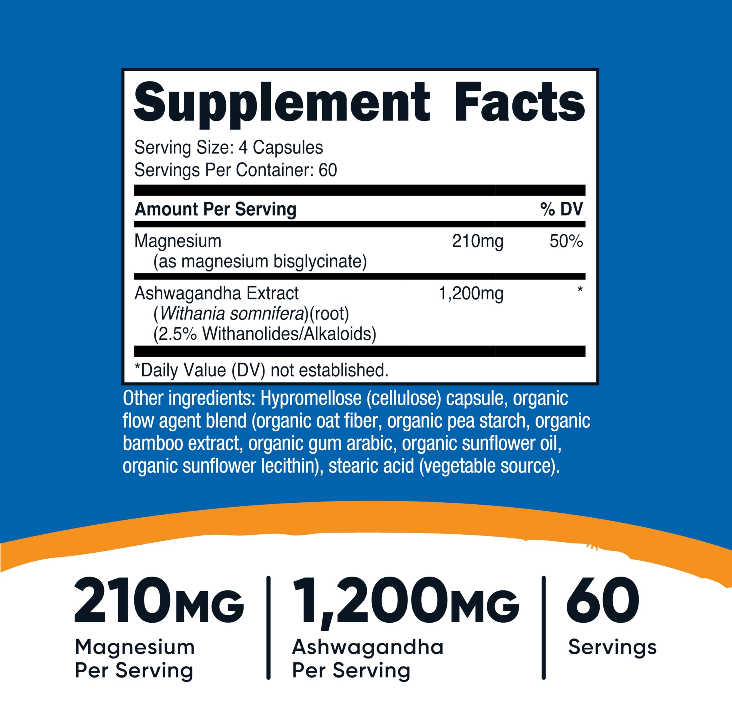 Nutrition facts panel for Nutricost Magnesium + Ashwagandha