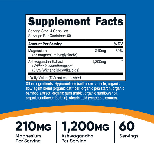 Nutrition facts panel for Nutricost Magnesium + Ashwagandha