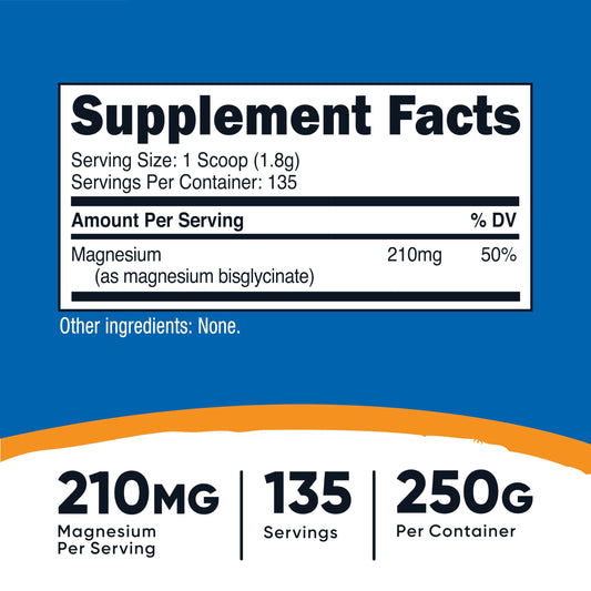Nutrition facts panel for Nutricost Magnesium Bisglycinate Powder unflavored 250g