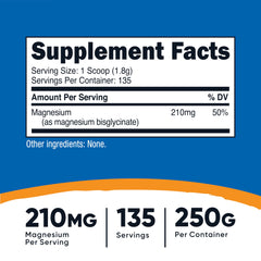 Nutrition facts panel for Nutricost Magnesium Bisglycinate Powder unflavored 250g