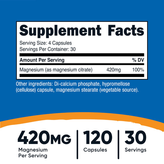 Close-up of Nutricost Magnesium Citrate 420mg bottle label
