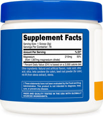 Nutrition facts panel for Nutricost Magnesium Citrate Powder Peach Mango 250g