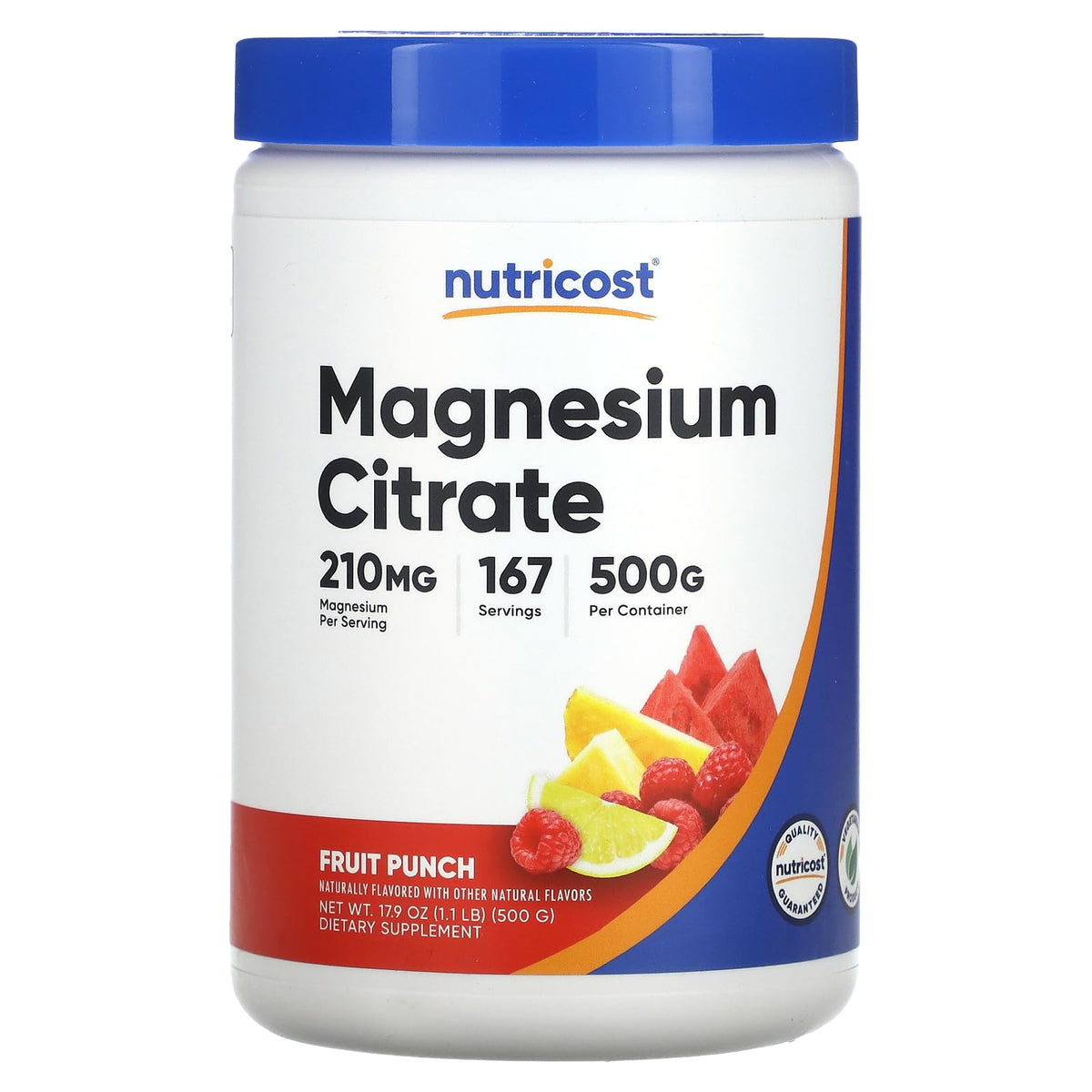Front view of Nutricost Magnesium Citrate Powder Fruit Punch 500g