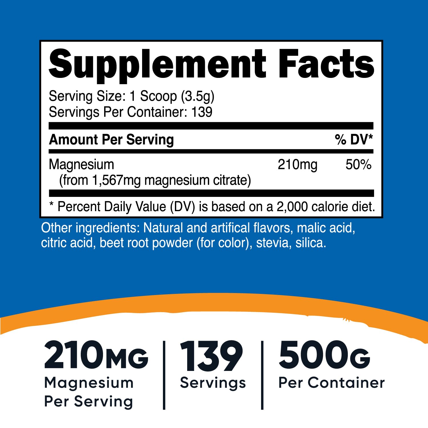 Back label with nutrition facts for Nutricost Magnesium Citrate Powder Raspberry Lemonade 500g