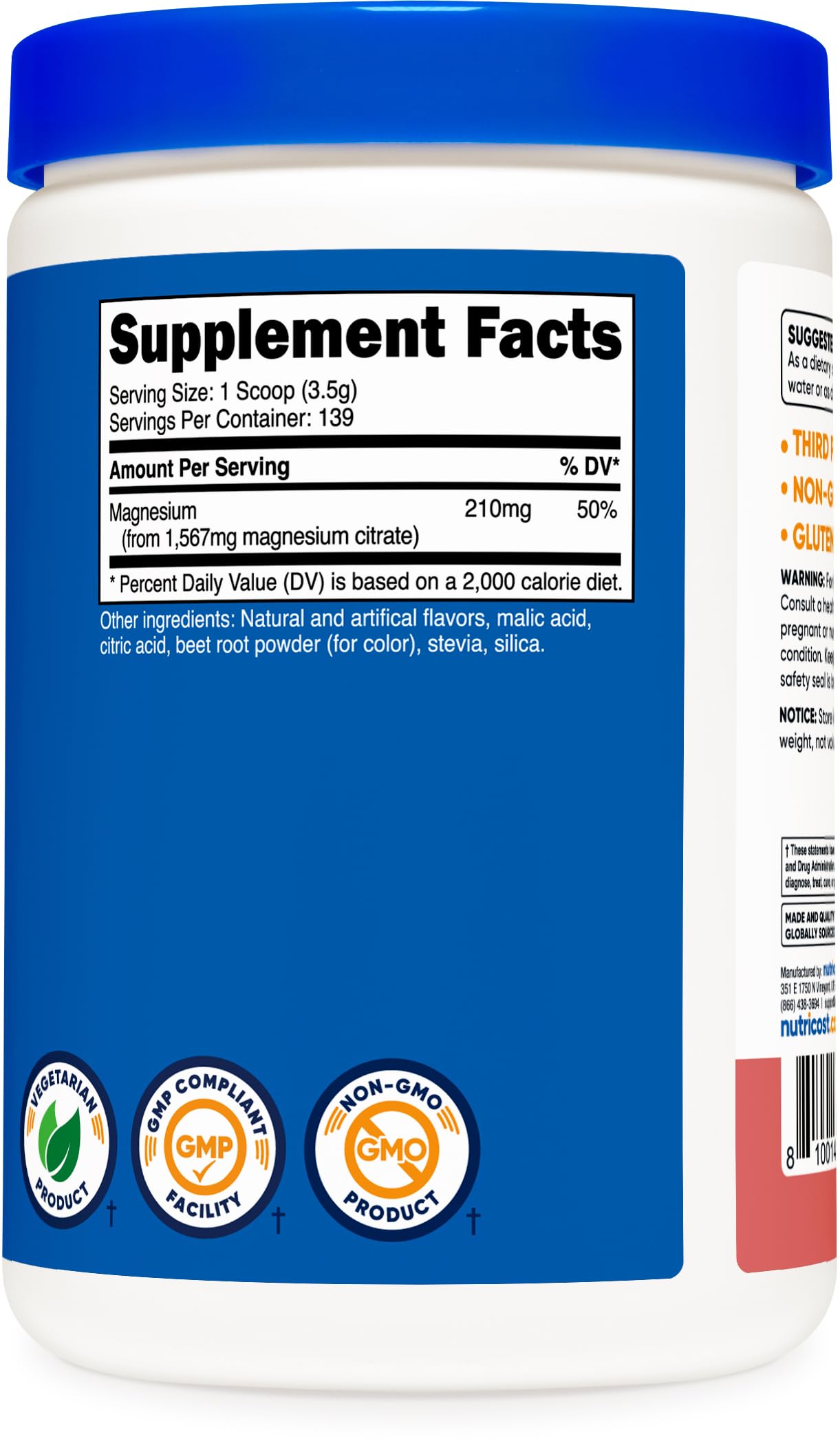 Nutrition facts panel for Nutricost Magnesium Citrate Powder Raspberry Lemonade 500g