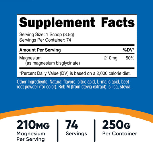 Serving scoop with Nutricost Magnesium Glycinate Powder Fruit Punch 250g