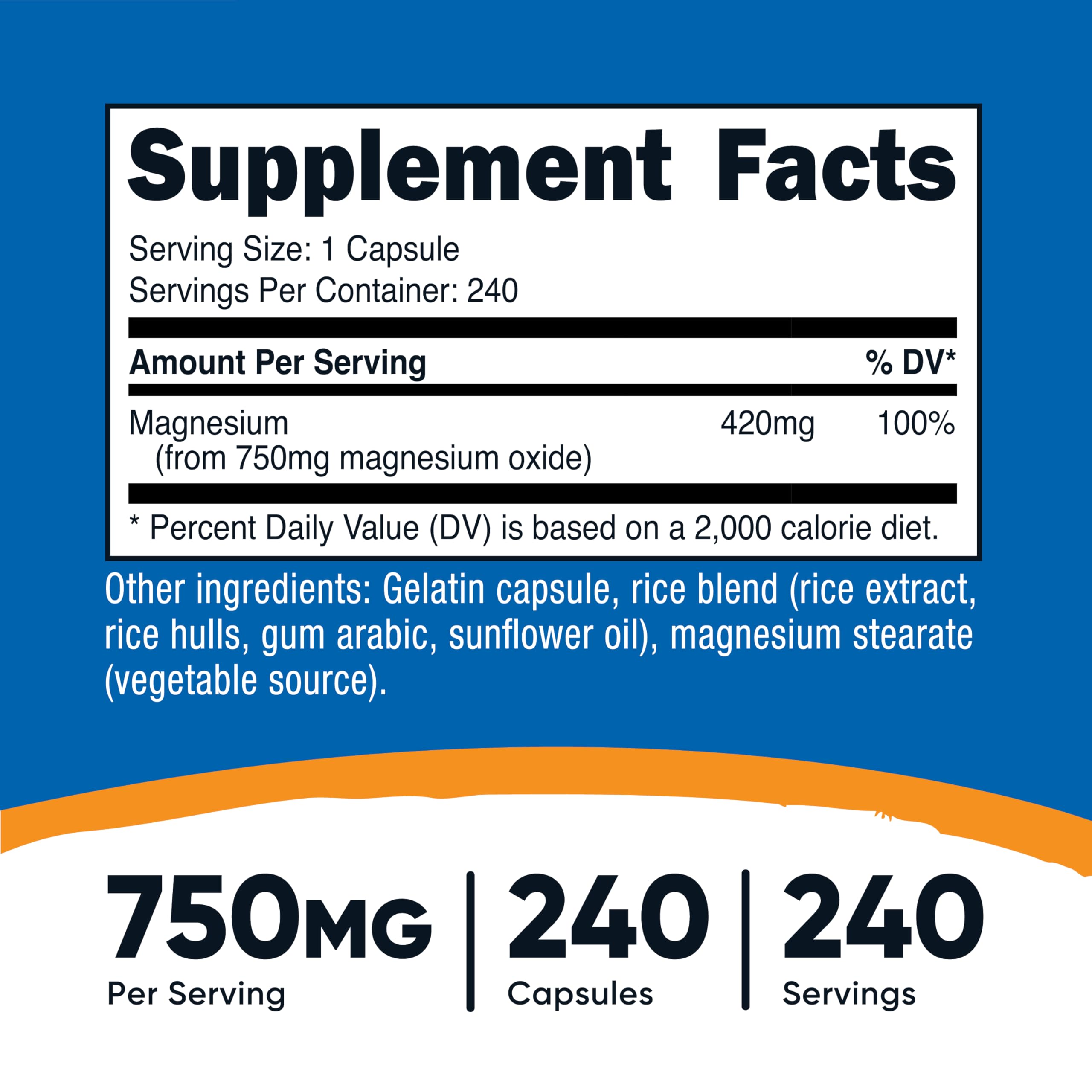 Product photo showing magnesium oxide 750mg capsules at an angle