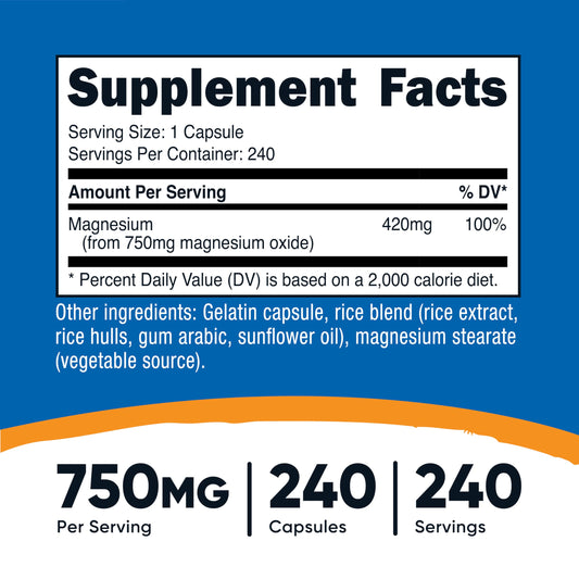 Product photo showing magnesium oxide 750mg capsules at an angle