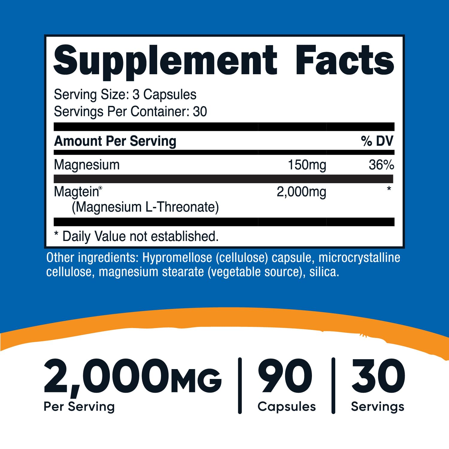 Close-up of Nutricost Magtein Magnesium L-Threonate label showing 2000mg per serving and 90 capsules