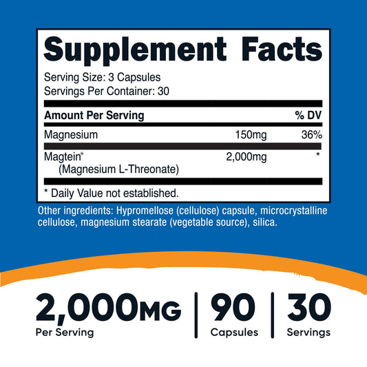 Close-up of Nutricost Magtein Magnesium L-Threonate label showing 2000mg per serving and 90 capsules