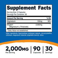 Close-up of Nutricost Magtein Magnesium L-Threonate label showing 2000mg per serving and 90 capsules