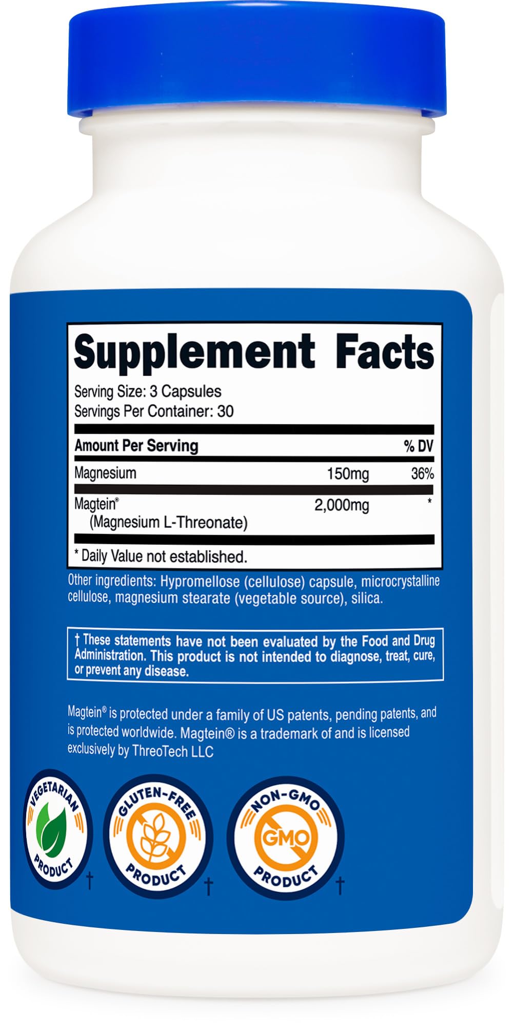 GMP-compliant facility and third-party tested seal on Nutricost Magtein packaging
