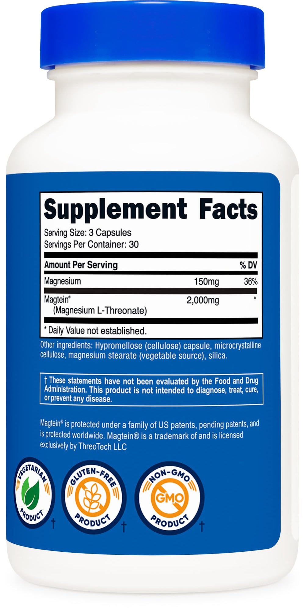 GMP-compliant facility and third-party tested seal on Nutricost Magtein packaging