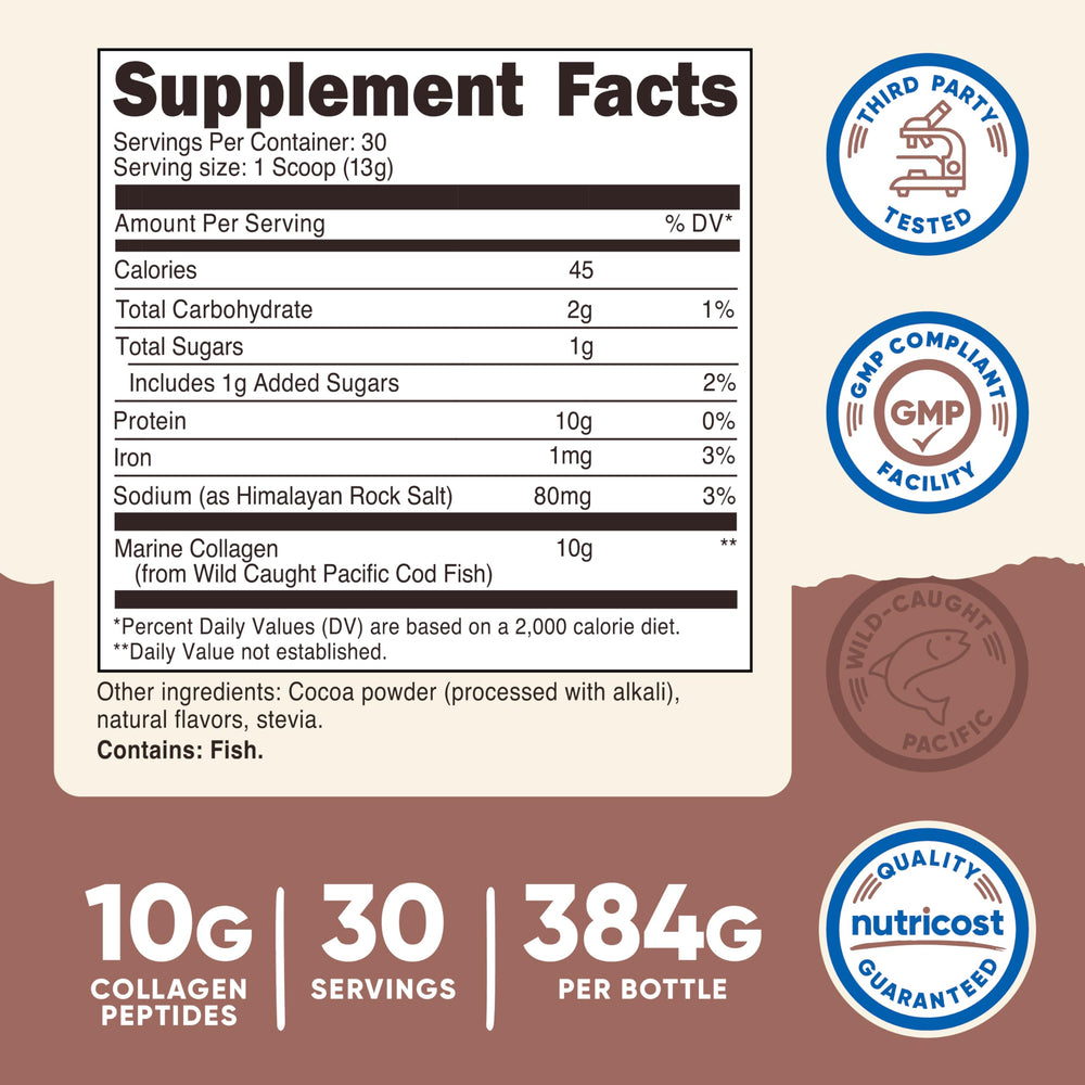 Close-up of Nutricost Marine Collagen Chocolate Flavor container