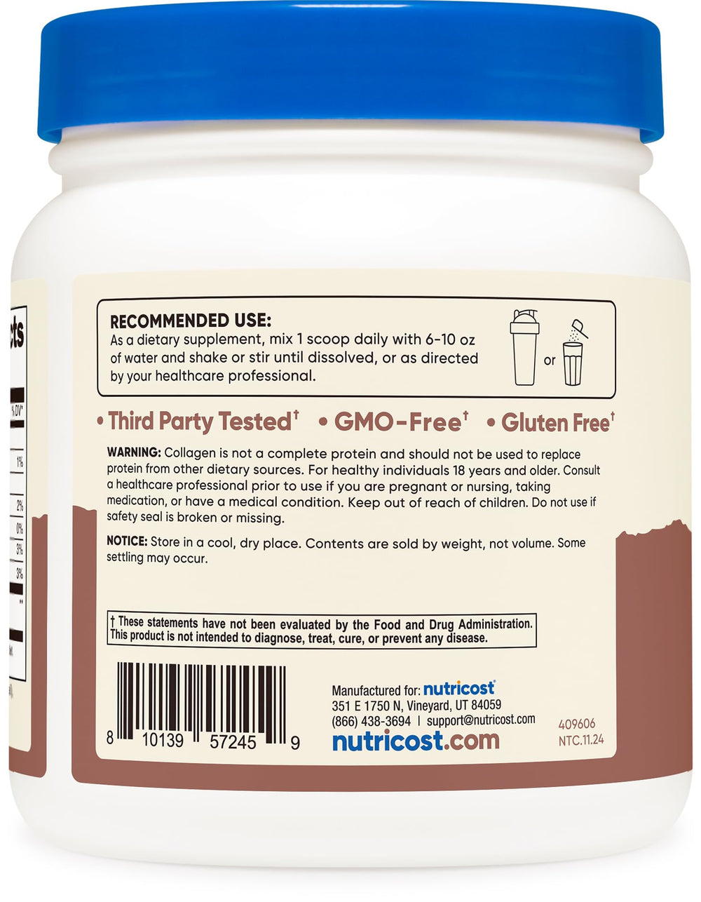 Chocolate-flavored collagen powder being added to a drink