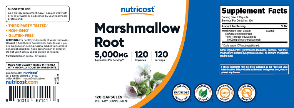 Front view of Nutricost Marshmallow Root bottle packaging
