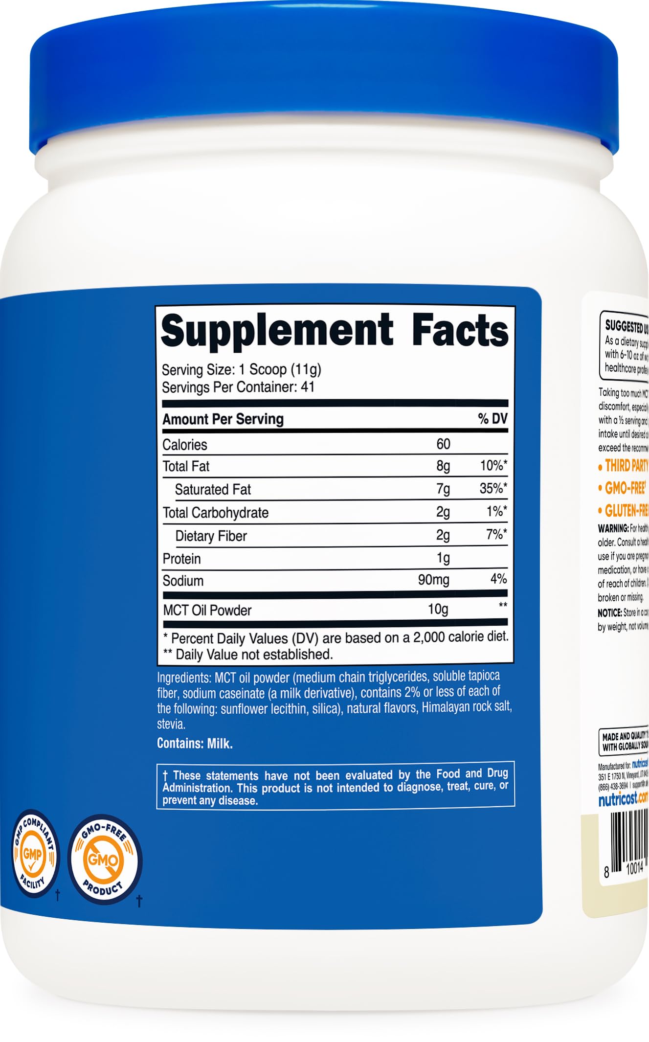 Ingredients and label of Nutricost MCT Oil Powder Vanilla
