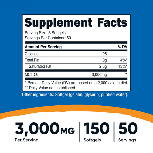 Close-up of Nutricost MCT Oil Softgels bottle with 150 softgels