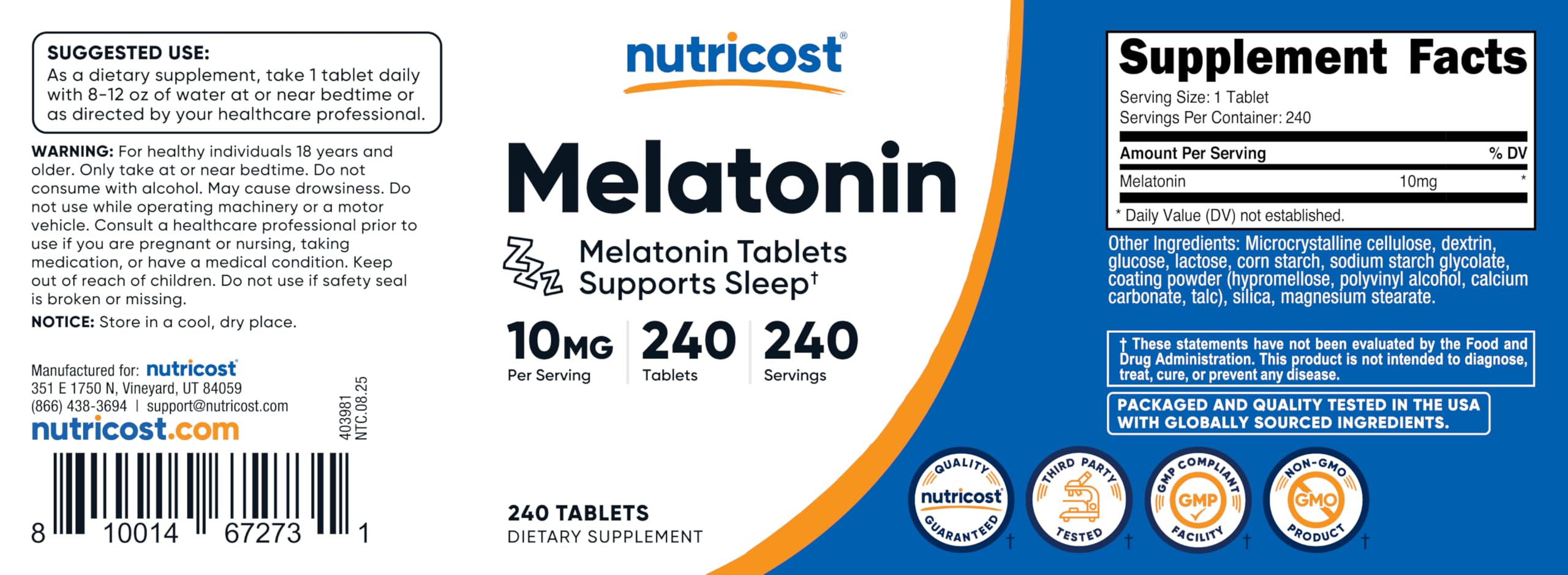 Boxed Nutricost Melatonin bottle on a white background