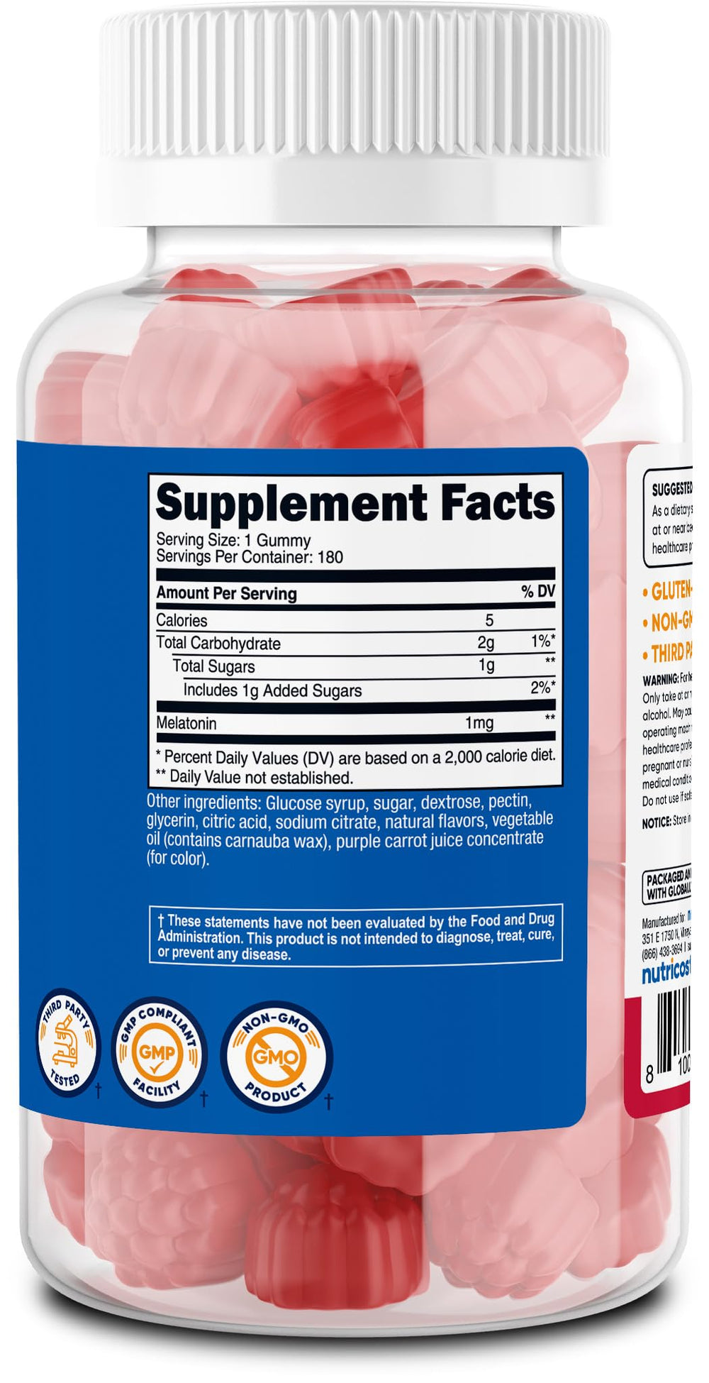 Nutricost Melatonin 1mg Strawberry Gummies bottle label