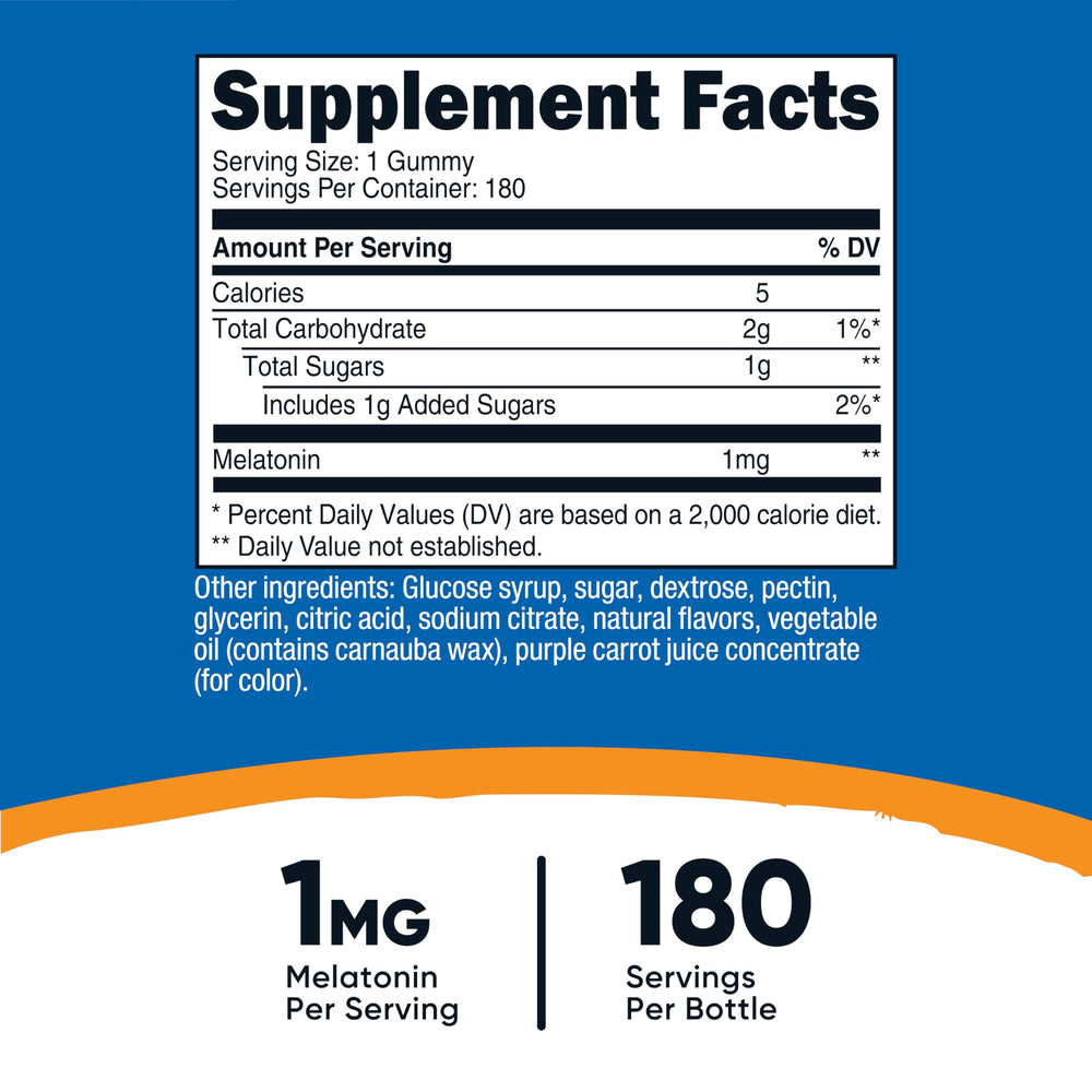 180 strawberry-flavored melatonin gummies visible in bottle