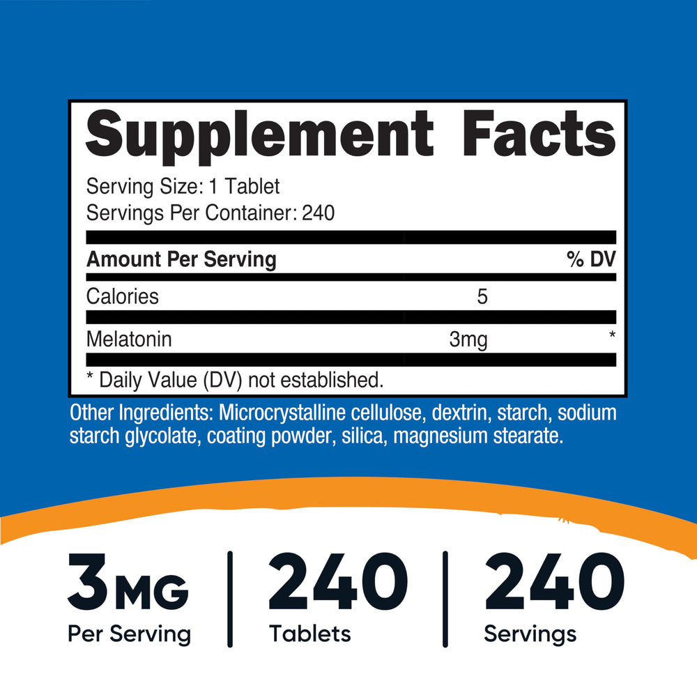 Close-up of Nutricost Melatonin 3mg label