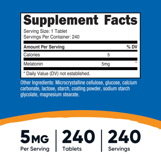 Front view of Nutricost Melatonin 5mg 240-tablets per pack