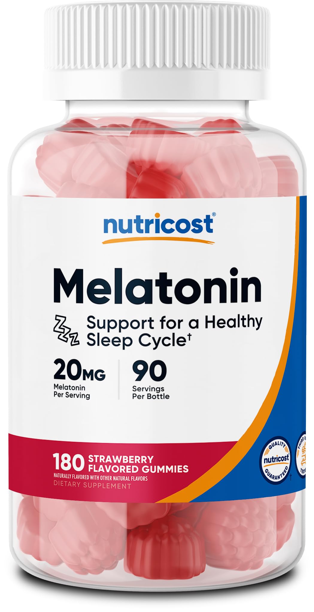 Nutricost Melatonin Gummies bottle with label showing 20mg per serving