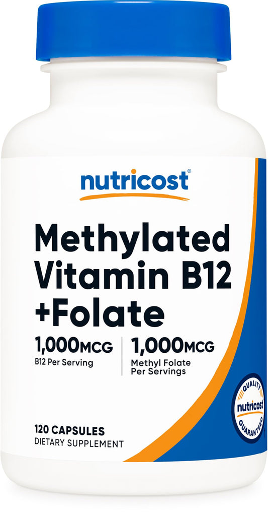 Nutricost Methylated B12 + Folate bottle with 120 capsules