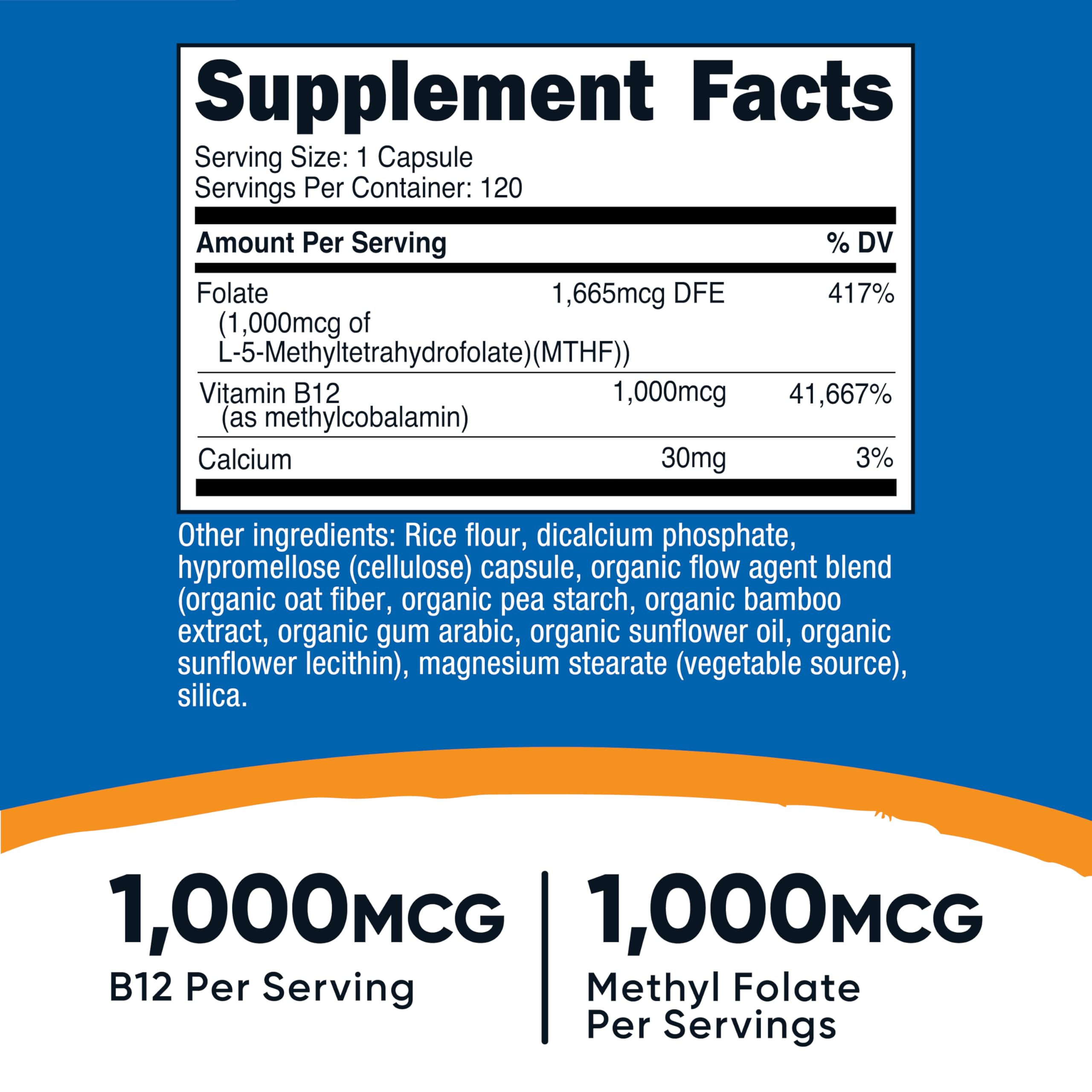 Nutricost Vitamin B12 + Folate label showing 1000 mcg B12 and 1000 mcg methyl folate