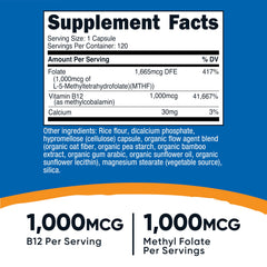 Nutricost Vitamin B12 + Folate label showing 1000 mcg B12 and 1000 mcg methyl folate