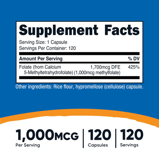 Close-up of Nutricost methylfolate 1000mcg label