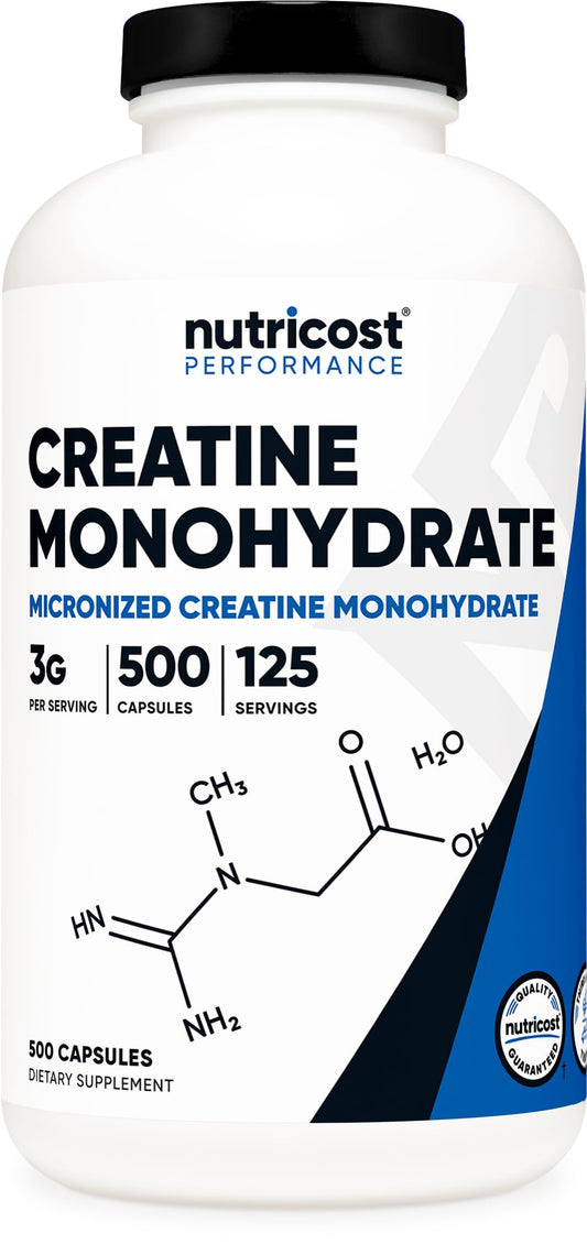 Nutricost Micronized Creatine Monohydrate bottle label with 750mg capsules