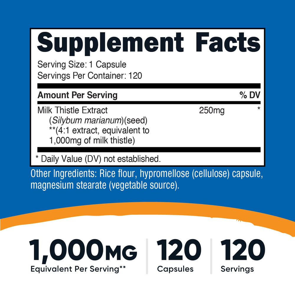 Close-up of 4:1 Milk Thistle extract information on bottle label