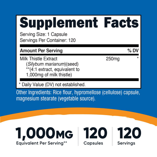 Close-up of 4:1 Milk Thistle extract information on bottle label