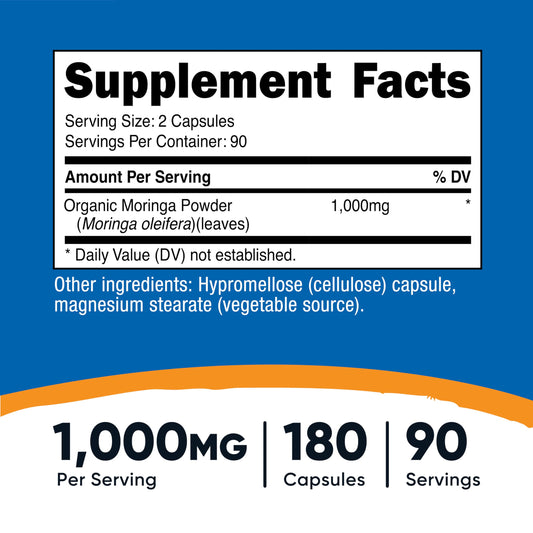 Close-up of Nutricost Moringa 500mg capsules