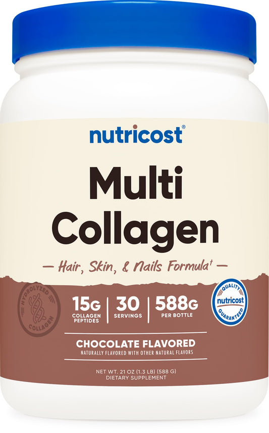 Product label for Nutricost Multi Collagen + Beauty & Protein Powder Milk Chocolate