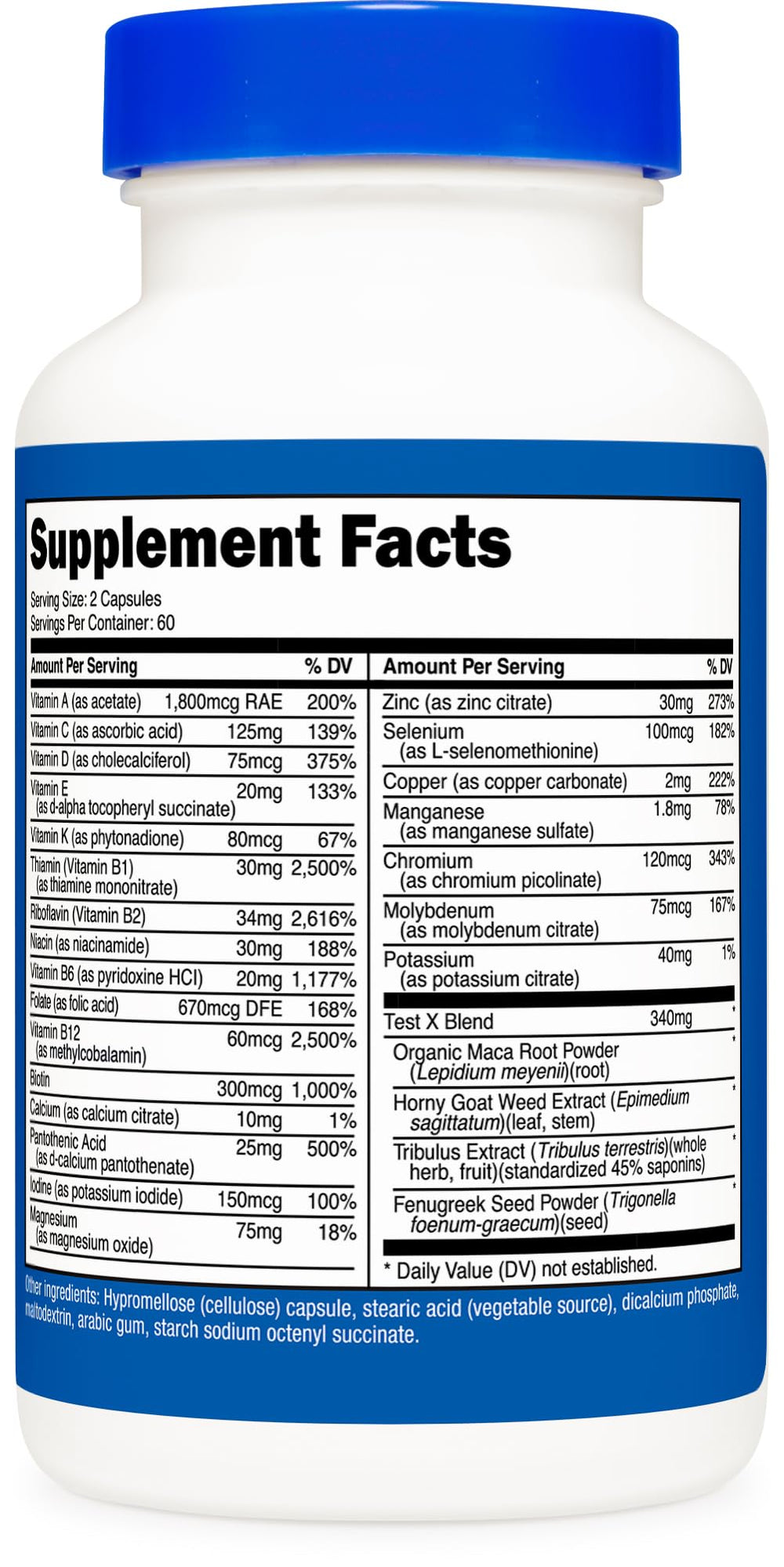 Non-GMO, soy-free, gluten-free labeling on Nutricost Multivitamin for Men