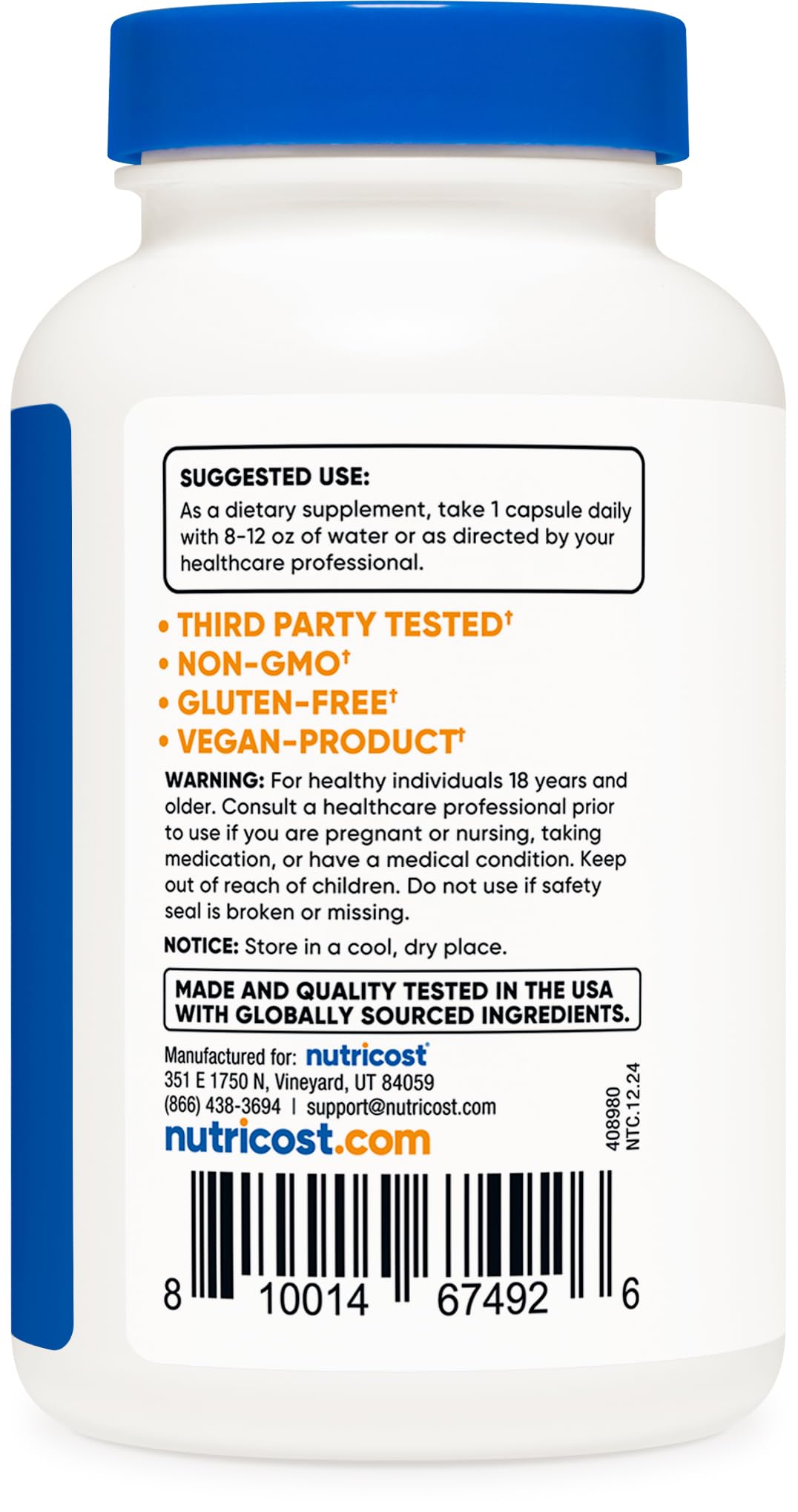 Supplement facts and ingredients label for Nutricost Mushroom Complex