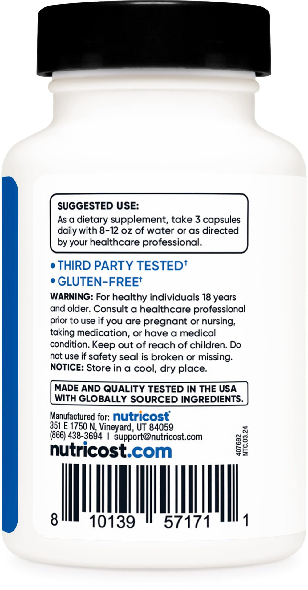 Nutrition facts label for Nutricost myHMB capsules