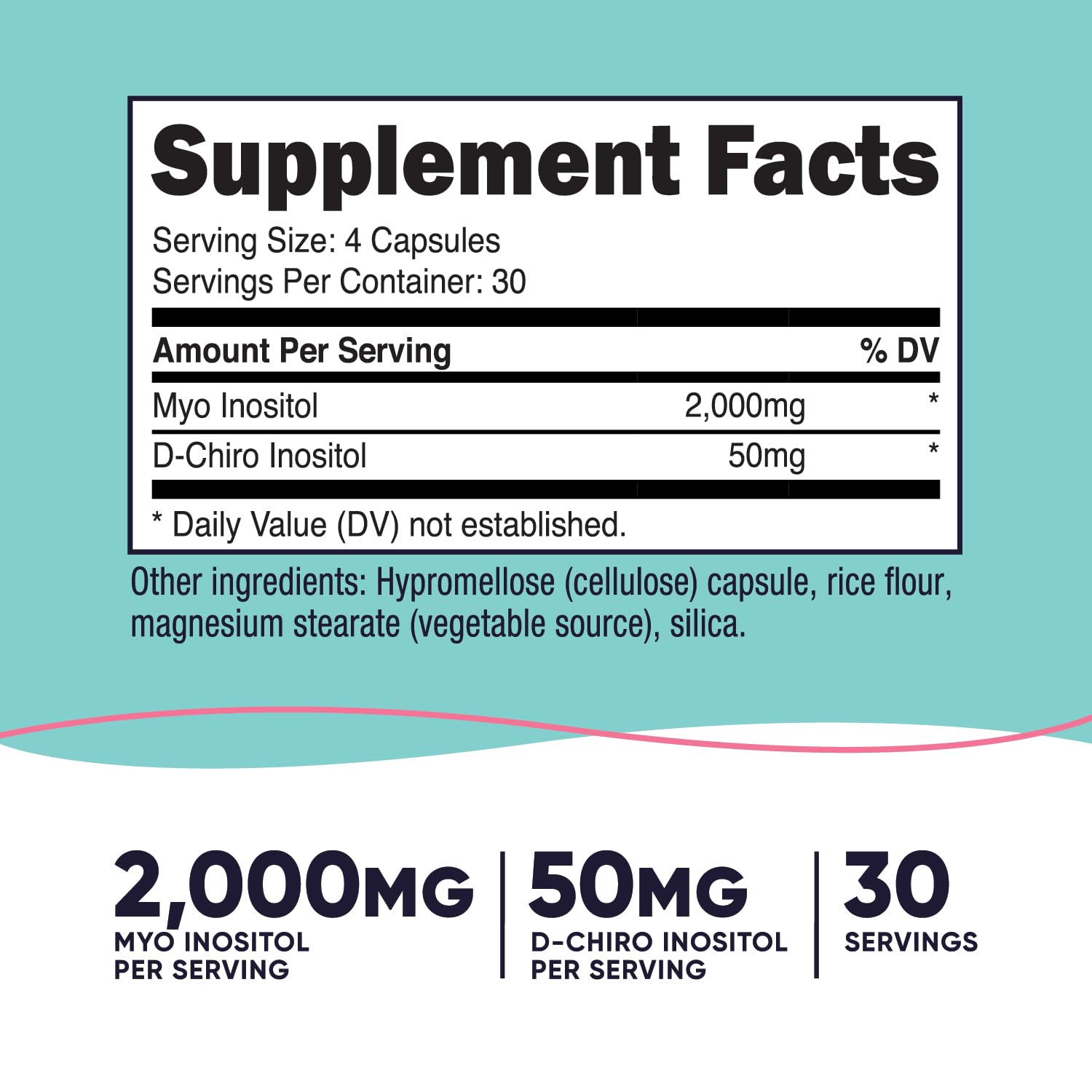 Serving details showing 2000mg Myo Inositol and 50mg D-Chiro Inositol per serving