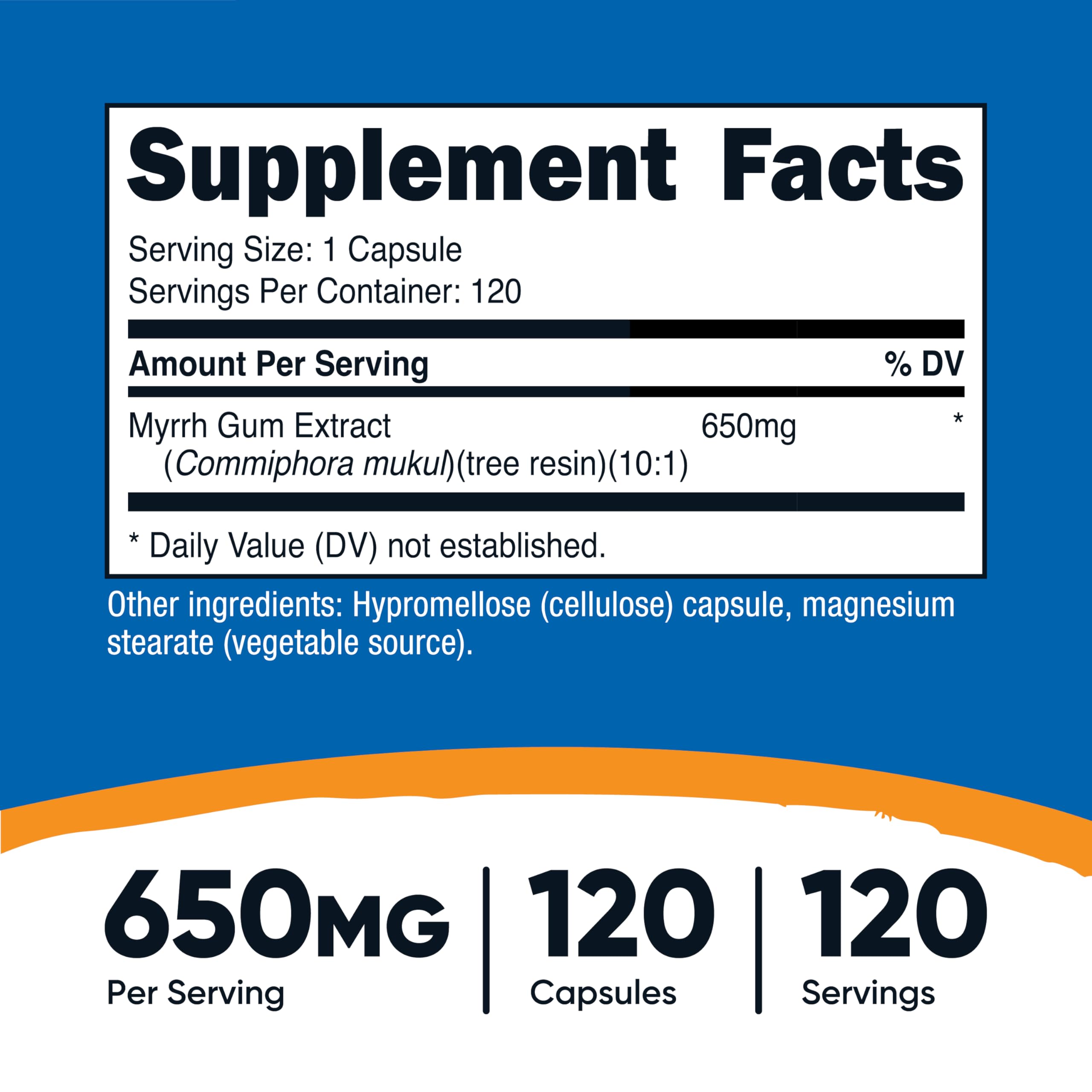 Close-up of Nutricost Myrrh Extract Capsules bottle label