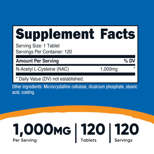 Close-up of Nutricost NAC 1000 mg bottle side view