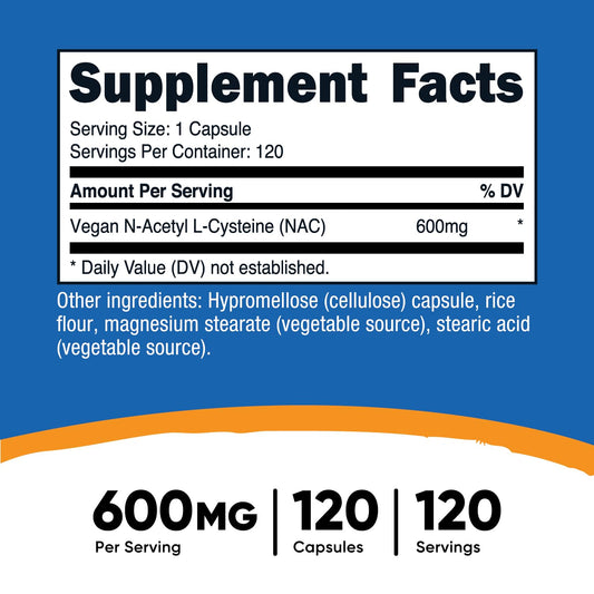 Close-up of vegan NAC 600mg capsules inside bottle