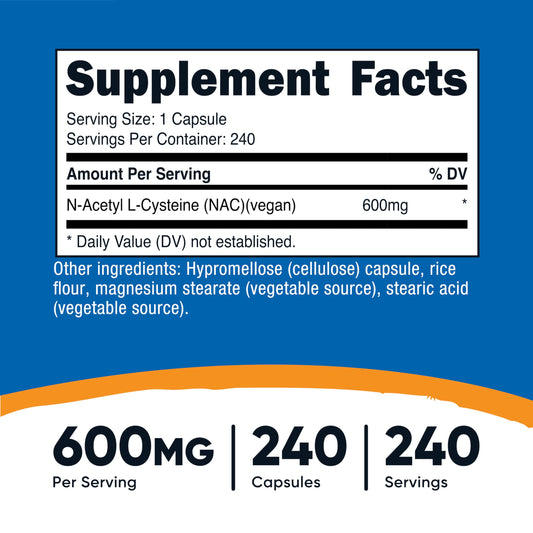 Nutricost NAC 600mg bottle label showing 600mg per capsule