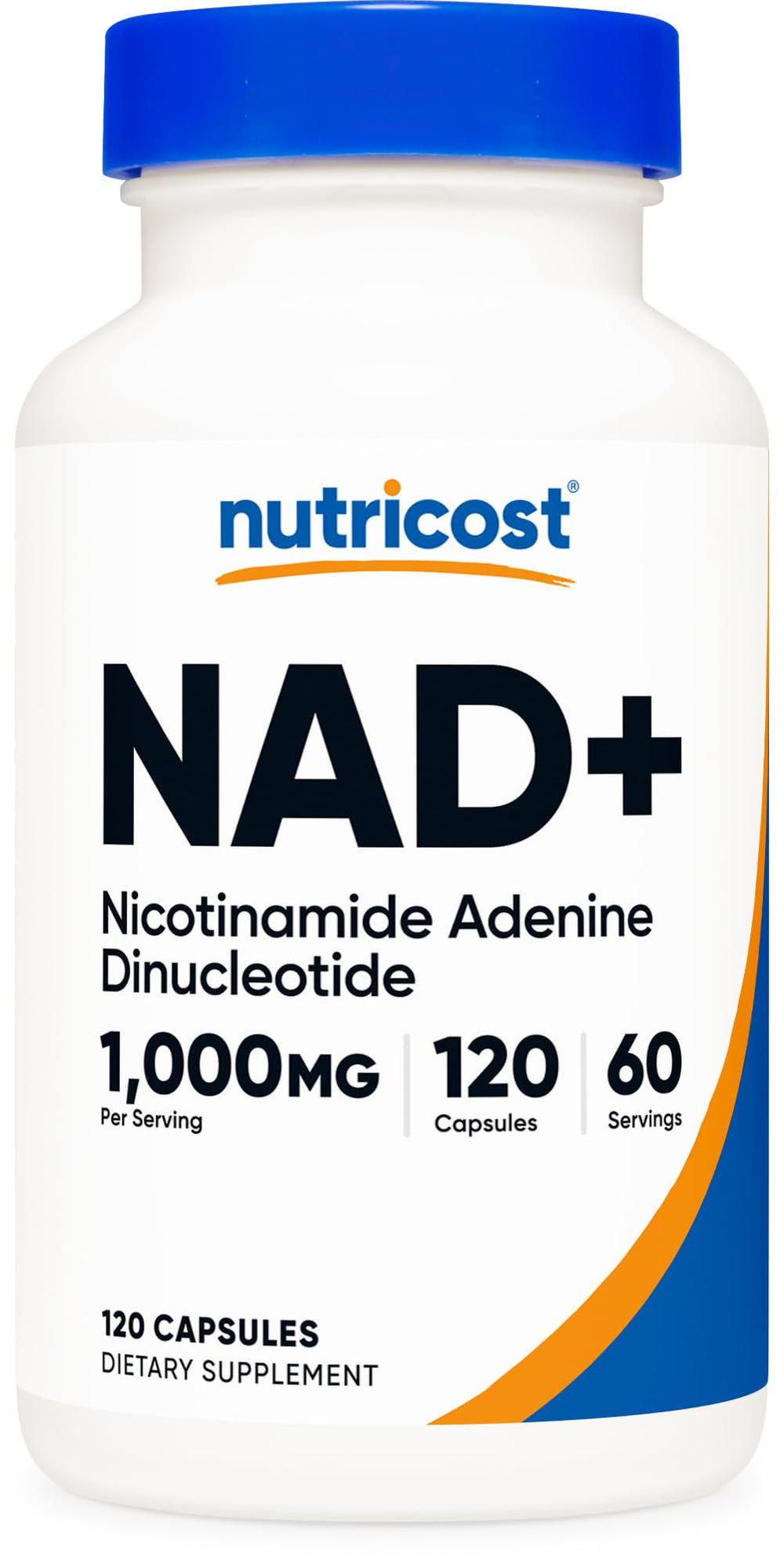 Nutricost NAD+ supplement bottle with 120 capsules and 1000 mg per serving label