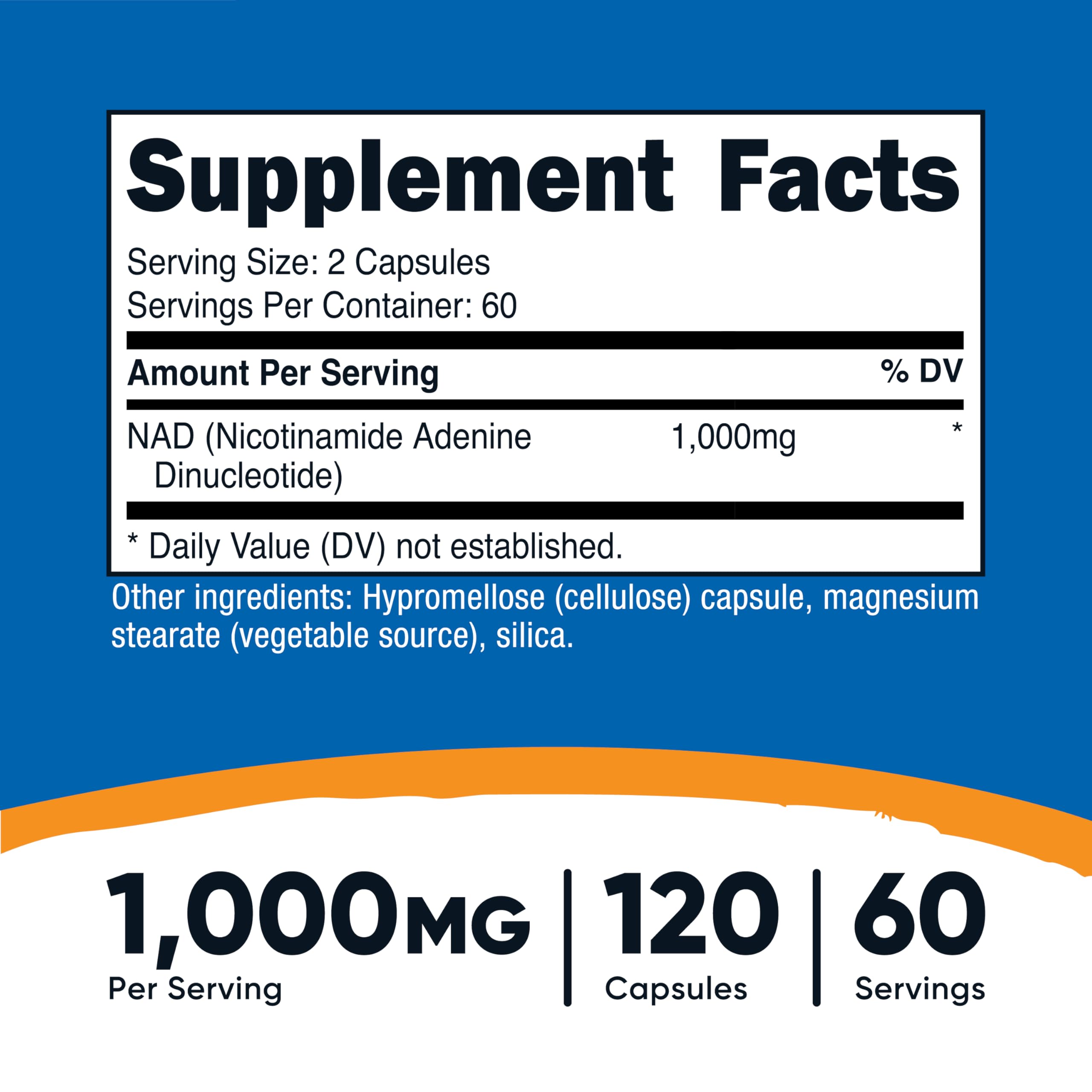 Nutricost NAD+ supplement capsules close-up showing dosage per serving.