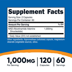 Nutricost NAD+ supplement capsules close-up showing dosage per serving.