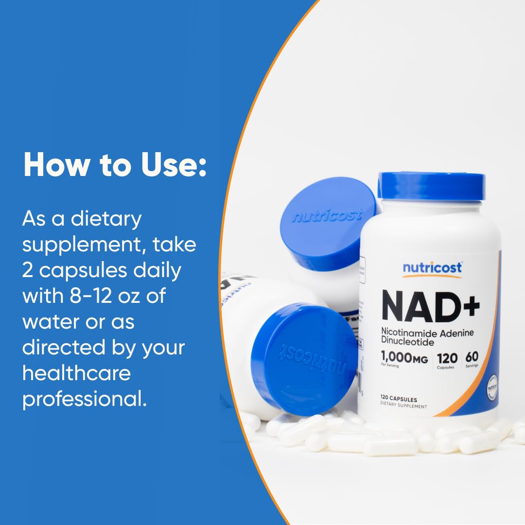 Nutricost NAD+ supplement serving info card detailing 60 servings per bottle.